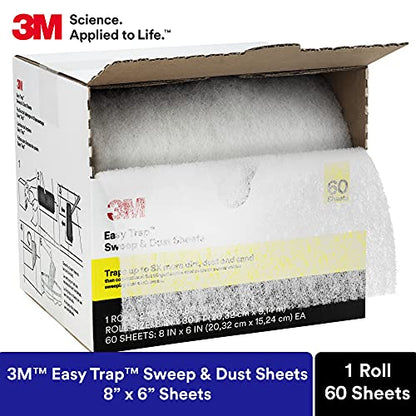 3M Easy Trap Sweep and Dust Sheets,1 Roll of 60 8" x 6" Sheets,Disposable Easy Sweep Floor Duster,Picks Up 8X More Dirt,Dust,Sand,Hair,Works on Dry or Wet Surfaces,Hardwood Floors,59152W,(Pack of 8) - size: 1 Roll of 60 8" x 6" Sheets (Pack of 8)
