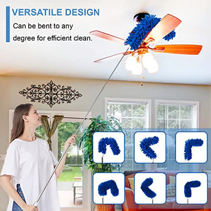 Upgraded Dusters for Cleaning (6pcs), Ceiling Fan Duster with 100" Thickened Extension Pole, Extendable Long Microfiber Duster for High Ceilings, Reusable & Washable Dusting Wand by OOSOFITT Blue - color: Blue