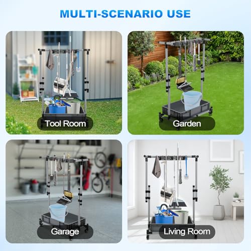Broom and Mop Holder Freestanding Mobile Cleaning Tool Storage Rack,Floor Standing Cleaning Tool Cart Storage for Garden Garage Schools, Hospitals