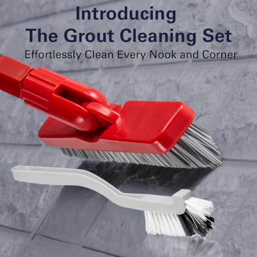 Foxtrot Living Grout Brush with Long Handle & Handheld Stiff Bristle Scrubber, V-Shaped Cleaner with Telescopic Handle for Easy Cleaning & Storage - Tile Floor Cleaning Brush - color: White and Red