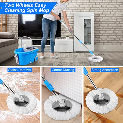 Spin Mop & Bucket, 360 Spinning Mop Bucket Kit, Stainless Steel Bucket Wringer Set, Plus 3 Replacement Head Refills, 360 Spinning Mopping System, 61" Extended Handle for Floor Cleaning (Blue) - color: Blue-2