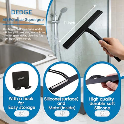 DEDGE Shower Squeegee Window Glass Wiper Scraper Cleaner with Silicone Blade for Bathroom/Kitchen/Car Glass/Mirror/Door 11-Inch (with Hook)
