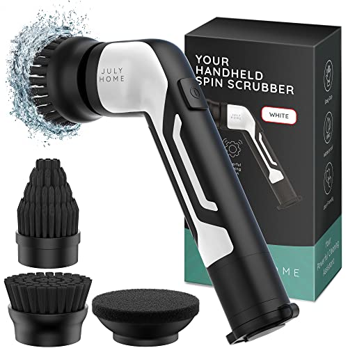 JULY HOME Handheld Electric Spin Scrubber, Cordless Automatic Power Scrubber for Shower, Cleaner for Tile, Grill, Dish, Sink, Shower Scrubber with 3 Brush Heads (Packaging May Vary, White) - color: White, size: Handheld