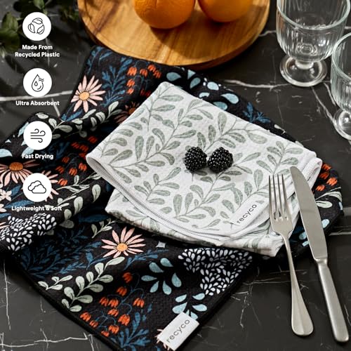 RECYCO Waffle Kitchen Towel Set of 2 - Quick Dry Microfiber Sustainable Dish Towels - Ultra Absorbent Reusable Cleaning Tea Towels - Lightweight Hand Towels,16”x 28”, Enchanted Bloom - color: Enchanted Bloom