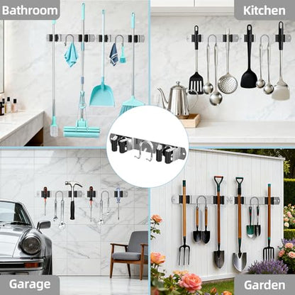 Broom Holder Wall Mount, 2-Pack Stainless Steel Mop and Broom Organizer, Broom Hanger with 2 Slots 2 Hooks for Home Kitchen, Garage, Garden and Laundry Room, Silver - color: Silver-2 Pack