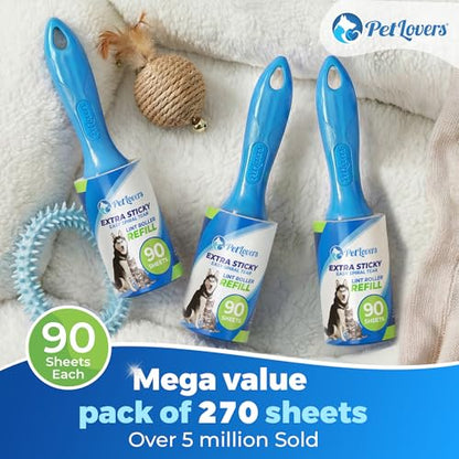 PetLovers Extra Sticky Lint Roller Value Set 270 Sheets for Pet Hair Removal and Clothes, Dog and Cat Lint Remover, 3 Pack - size: 3 Pack