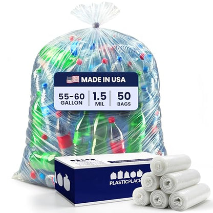 Plasticplace Heavy Duty 55-60 Gallon Trash Bags – Clear Garbage Can Liners (38” x 58”) – Durable Multiuse, Puncture-Resistant, 50 Count – Ideal for Kitchens, Warehouses and Recycling Trashbags 1.5 Mil - color: Clear, size: 1 Count (Pack of 50)