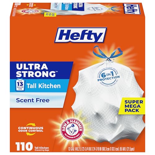 Hefty Ultra Strong 13 Gallon Trash Bags, Tall Kitchen Trash Bags 13 Gallon Size, Drawstring Closure, Continuous Odor Control, White, Unscented, 110 Bags - size: 110 Count (Pack of 1)