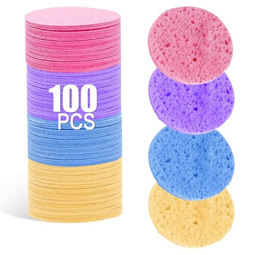 100-Count Facial Sponges - Natural Cellulose, Round Shape - Face Cleansing, Exfoliating, Makeup Removal - Blue, Yellow, Purple, Pink - color: 100- Pack Mixed