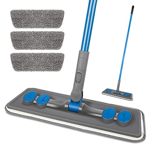 Microfibre Floor Mop for Cleaning Floors, Flat Mop for Laminate Wooden Vinyl Tile, Dust Wet Dry Use for Kitchen Bathroom Wall Cleaning with 3 Washable Chenille Pads