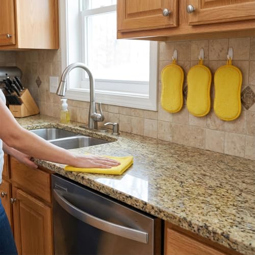 6Pcs Microfiber Cleaning Cloths & Sponges Set - 3Pcs Absorbent Towels + 3Pcs Dual-Sided Scrub Sponges - for Kitchen, Car, Bathroom, Dishes and Hard Surfaces(Yellow) - color: Yellow