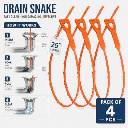 Drain Clog Remover, 4 Pack, 20" Flexible Drain Snake Hair Removal Tool | Bendable and Reusable, Sink Unclogger, Hair Catcher, For Bathroom, Kitchen Sink, Tub, Toilet