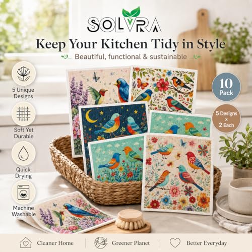 10 PCS Birds Print Swedish Dishcloths for Kitchen 100% Biodegradable, Reusable Cellulose Sponge Cloths Ultra Absorbent, Eco Friendly Cleaning Towels Dishcloths for Washing Dishes & General Cleaning - color: 10 Pcs-birds Print