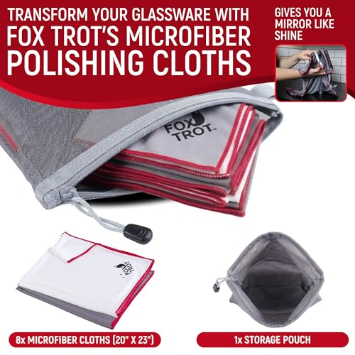 Fox Trot Wine Glass Polishing Cloths (8 Pack) with Storage Pouch | Large Microfiber Glass Drying Towel | Lint Free, Streak Free Shine for Stemware, Crystal & Glassware | 23" L x 20" W - color: 8-pack (White | Gray)
