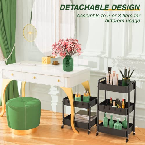 LEHOM 3 Tier Rolling Cart, Metal Rolling Utility Cart with Lockable Wheels & Hooks, Multi-Functional Heavy Duty Storage Cart Organizer for Bathroom, Kitchen, Office, Living Room - color: Black