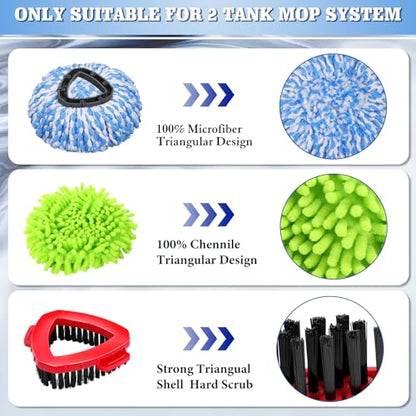 Spin Mop Head Refills Compatible with OCedar RinseClean 2-Tank System - 6-in-1 Kit Includes 4 Microfiber Replacement Heads, 1 Mop Base & 1 Scrub Brush - Machine Washable Floor Cleaning Set - color: 2 Blue Mop Heads+2 Green Mop+1 Brush +1 Base