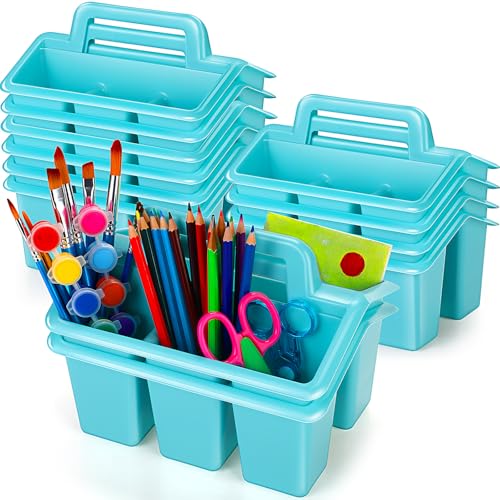 WILLBOND 12 Pcs Classroom Storage Caddies Stackable Utility Caddies with 4 Compartment Plastic Caddy with Handle Portable Storage Bins Organizers for Kids Schools Art Craft Supplies - color: Blue
