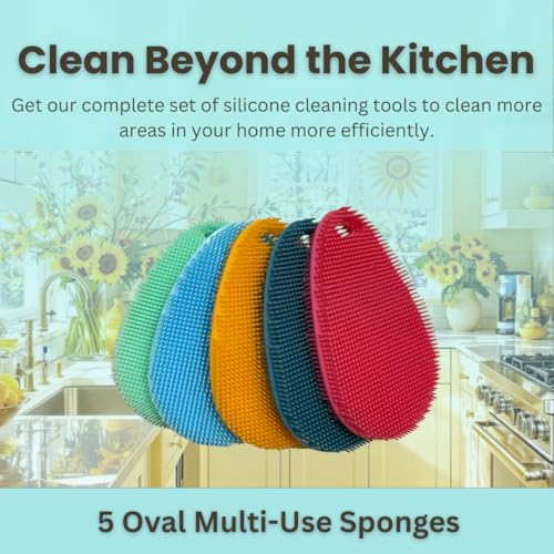 Silicone Sponge Dish Scrubber - Food Grade and Housecleaning - BPA Free Silicone Kitchen Scrubber [5 Pack Ovals Summer] - color: Summer
