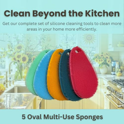 Silicone Sponge Dish Scrubber - Food Grade and Housecleaning - BPA Free Silicone Kitchen Scrubber [5 Pack Ovals Summer] - color: Summer