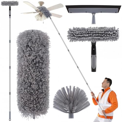 30 Feet High Reach Duster Kit with 2-24 ft Extension Pole High Ceiling Dusting and Window Cleaning Kit with Window Washer & Squeegee, Cobweb Duster, Washable Head for Ceiling Fan(Gray) - color: Gray, size: 30 ft