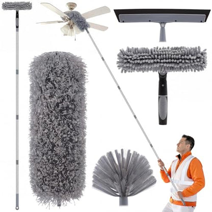 30 Feet High Reach Duster Kit with 2-24 ft Extension Pole High Ceiling Dusting and Window Cleaning Kit with Window Washer & Squeegee, Cobweb Duster, Washable Head for Ceiling Fan(Gray) - color: Gray, size: 30 ft