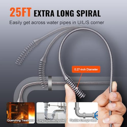 VEVOR 12V Electric Drain Auger, 25FT Cordless Plumbing Snake Auto Feed, Pipeline Snake Drain Clog Remover with Power Drill for 3/4"-2" Pipes, 2.0Ah Battery and Charger Included - style: Electric Auto-Feed