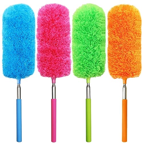 4 Pcs Washable Microfiber Feather Duster, with Extendable Pole and Bendable Head, Microfibre Cleaning Tool for Cleaning Office, Car, Computer, Furniture, Sofa, Blue,green,orange,red