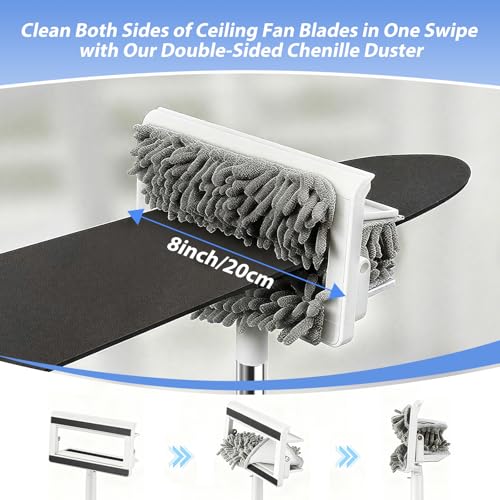 Ceiling Fan Cleaner Duster with 80'' Extendable Long Handle Pole - Microfiber Chenille Pads for Blades, Baseboards, Walls, Floors, Blinds & Cobwebs - Reusable & Washable