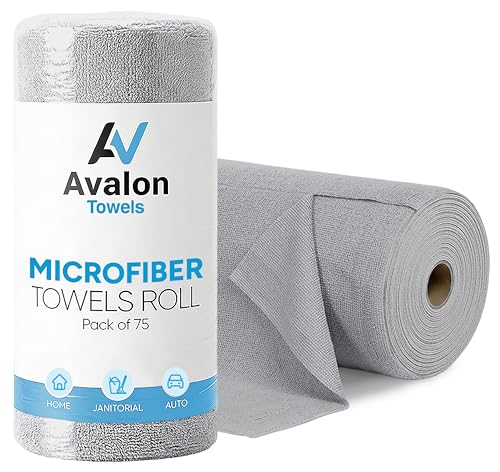 Avalon Towels Microfiber Cleaning Cloth Roll (Value Pack of 75) - Size 12x12 Inches, Highly Absorbent and Reusable Microfiber Towel Rolls, Lint and Streak Free Cleaning Cloths for Home - color: Grey