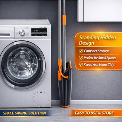 Broom and Dustpan Set with Long Handle, Upright Standing Self-Cleaning Combo, Windproof Dustpan with 6 Bonus Cleaning Tools for Pet Hair, Home, Kitchen, Garage & Apartment - color: Orange&black