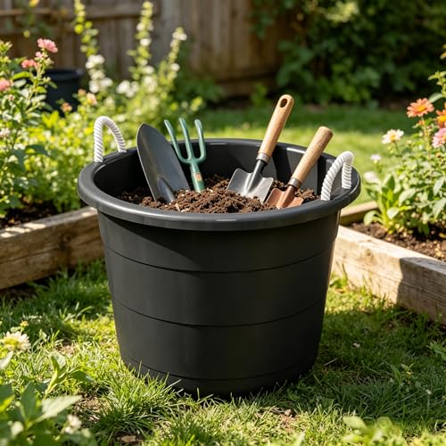 17 Gallon Plastic Storage Tub with Rope Handles Large Multi Purpose Utility Bucket for Laundry Toys Ice and Gardening Heavy Duty Organization Bin Black