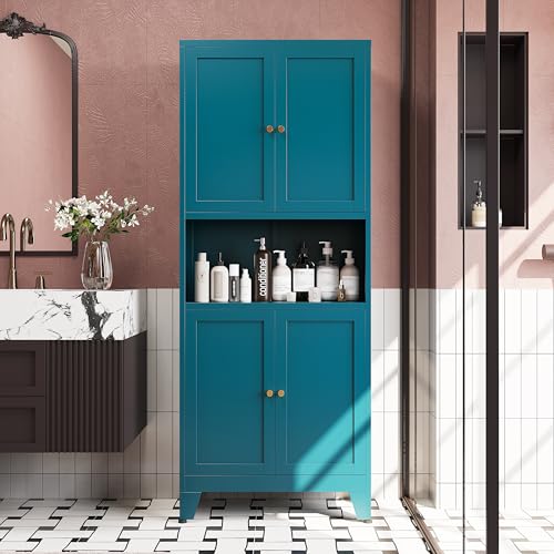 69"H Blue Storage Cabinets,Metal Cabinet with Doors and Shelves,Tall ,Bathroom Storage Cabinet,Large Cabinets with Glass Doors and Adjustable Shelves,Cabinet for Bathroom, Living Room, Dining Room - color: Blue, size: 69“H