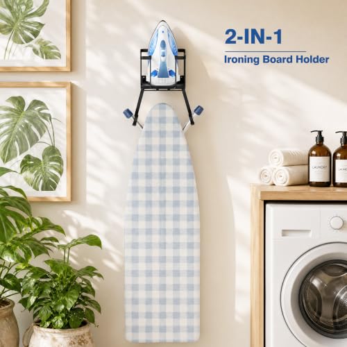 ORLESS Ironing Board Hanger Over Door & Wall Mount, Black | 2 in 1 Heavy Duty Iron Board Holder with Storage Basket, Fits T/Y Boards, Laundry Room Space Saver - color: Black Iron Black Wood
