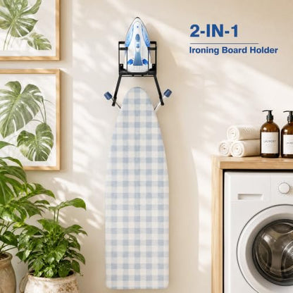 ORLESS Ironing Board Hanger Over Door & Wall Mount, Black | 2 in 1 Heavy Duty Iron Board Holder with Storage Basket, Fits T/Y Boards, Laundry Room Space Saver - color: Black Iron Black Wood