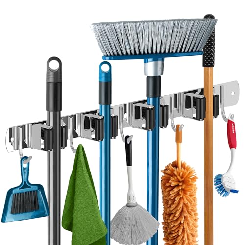The Good Stuff Heavy Duty Mop and Broom Holder Wall Mount – Stainless Steel 5-Rack Organizer with 4 Hooks – Space Saving, Rust-Resistant Utility Rack for Garage, Kitchen, Laundry or Garden Tools - size: Standard