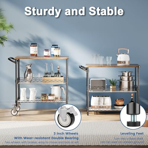Leteuke Rolling Kitchen Carts with Wheels, 34" L x 17.5" W, 3-Tier Heavy Duty Utility Cart with Wood Tabletop, NSF Commercial Metal Serving Cart with Handle and Shelf Liner for Kitchen, Black - color: Wood-black