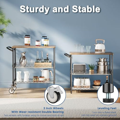 Leteuke Rolling Kitchen Carts with Wheels, 34" L x 17.5" W, 3-Tier Heavy Duty Utility Cart with Wood Tabletop, NSF Commercial Metal Serving Cart with Handle and Shelf Liner for Kitchen, Black - color: Wood-black