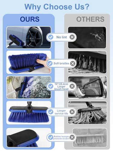 Car Wash Brush with Long Handle 62"/156cm Telescoping Mop Pole 10" /25.4cm Larger Soft Bristle Head for RV Truck SUV Window Glass Tyres Boat Floor Deck House Siding Wall Snow Removal Cleaning Tool