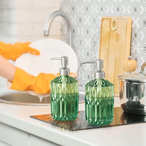 AmazerBath Soap Dispenser, Green Glass Soap Dispenser with Pump Stainless Steel, 14.2OZ Refillable Hand Bottles Bathroom Kitchen, 1 Pack - color: Green & Stainless Steel -1 Pack