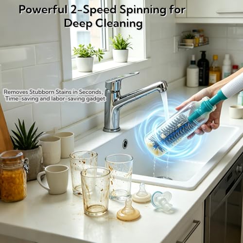 Electric Bottle Brush Set, 6-in-1 Electric Cleaning Brush with Waterproof Silicone Cleaner, 3 Replaceable Brush Heads, Straw Brush & Extension Rod, for Baby Feeding Supplies and Kitchen Utensils - color: Malachite Green