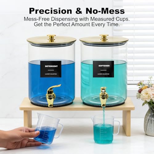 Glass Laundry Detergent Dispenser for Laundry Room Organization, 1 Gallon Large Liquid Soap Dispenser with Black Metal Lid & Leak-Proof Spigot, 2 Measured Cups, 2 Silicone Mats & 9 Labels (2, Gold) - color: Gold