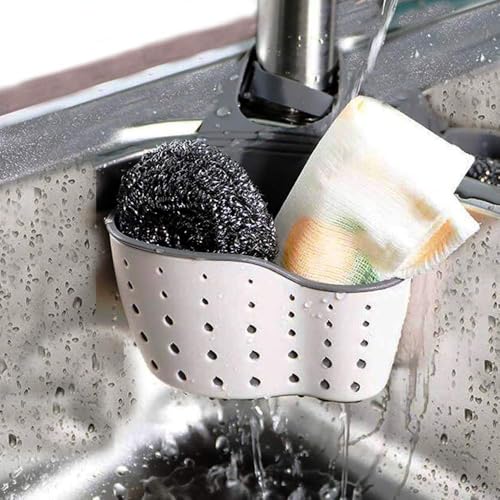EC ELEGANTCHARM Kitchen Sink Caddy Sponge Holder Silicone Plastic Soap Holder Hanging Ajustable Strap Faucet Caddy with Drain Holes for Drying - color: Beige-2 Pack