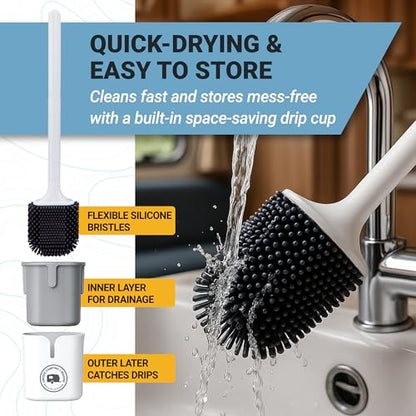 Unique Silicone RV Toilet Brush, Compact, Won't Damage Toilets or Seals, Wall-Mount No-Drip Holder - size: 1 Compact Brush