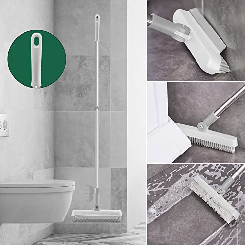 3 in 1 Floor Scrub Brush with Squeegee and Long Handle, 3 in 1 Silicone Crevice Grout Brush with 180 Degree Rotating Head for Floor Kitchen Bathroom Wall Deck Tile Cleaning - color: White