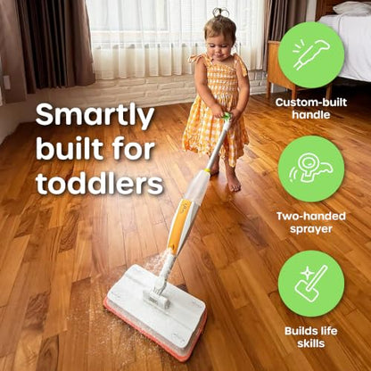 Quiggly Toddler Toy Spray Mop - Montessori Real Water Sprayer for Kids 3-5 | Two-hand hold & pull, make pretend cleaning chores functional - size: Toddler, style: Spray Mop