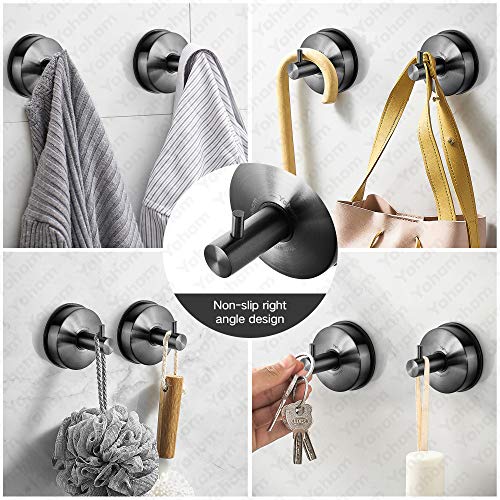 YOHOM Suction Cup Hooks Shower Towel Holder Stainless Steel Vacuum Bathroom Shower Hook Suction Towel Rack Kitchen Organizer for Bathrobe Loofah Washcloth Brushed Black 4 Pcs - color: 4 Brushed Black