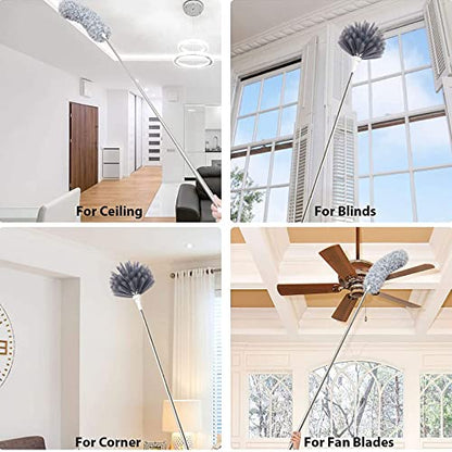 Microfiber Feather Duster Extendable Duster with 100'' Extra Long Stainless Steel Pole and Wire Brush Head, Bendable Head & Long Handle Dusters for Cleaning Ceiling Fan, Blinds, Furniture, Cars