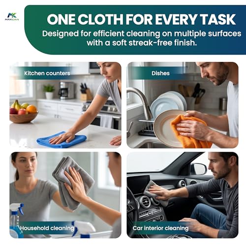 Microfiber Cleaning Cloths, 12 Pack, 40 x 40 cm, 350 GSM | 350 GSM, Lint-Free, Multi-Surface, For Kitchen, Car, Glass & Household
