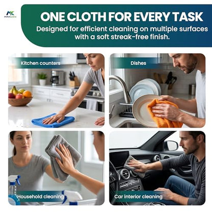 Microfiber Cleaning Cloths, 12 Pack, 40 x 40 cm, 350 GSM | 350 GSM, Lint-Free, Multi-Surface, For Kitchen, Car, Glass & Household