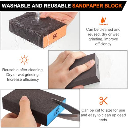 Romeda 8-Pack Sanding Sponge, Four Grits Per Pack 60/80/120/220, Washable and Reusable Handmade Sandpaper Block, Drywall Sandpaper Blocks for Wooden Drywall Sheetrock and Metal Glazing - color: 60/80/120/220 Grits, size: 8-Pack